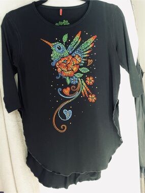 ¡Ay Güey! Hummingbird “wearable art” shirt with artisan-applied rhinestones